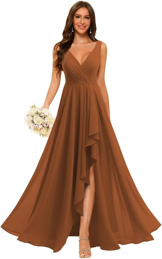 Vestidos de dama de honor con escote en V y abertura para mujer, 2025, de gasa, corte A, vestidos de noche formales con bolsillos, vestido de dama de honor para bodas