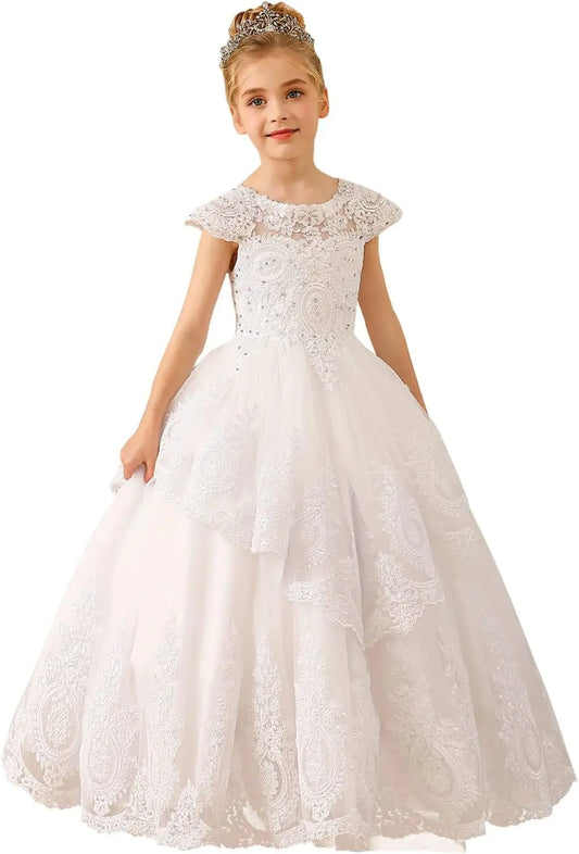 Vestido de niña de las flores con apliques de encaje y cuentas, vestido de primera comunión, vestido de fiesta para niños, vestido de princesa