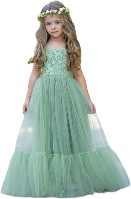 Flower Girl Dress Lace/Tulle Boho Toddler Dresses Ruffle Girl Dress for Wedding Garden Party Communion Beach princess dress