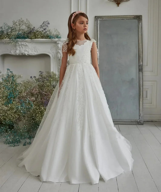 Vestido de comunión con cuello alto y lazo, vestidos para niñas de las flores, vestidos para niñas de las flores, vestidos de boda para niñas, vestidos de fiesta para niñas, vestidos abullonados para niñas