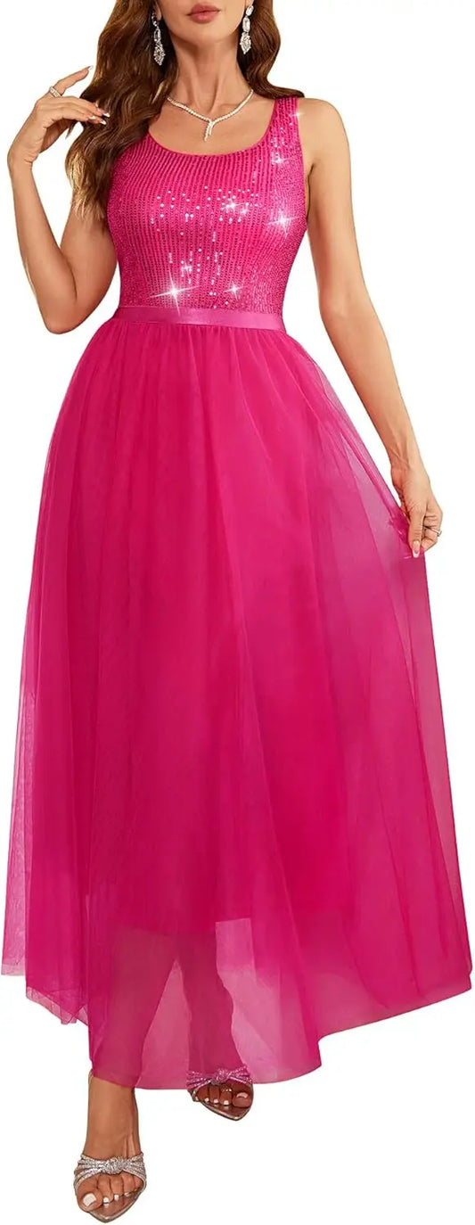 Vestido de lentejuelas para mujer, estilo vintage, corte A, para boda, formal, de malla, sin mangas, para cóctel, maxivestido