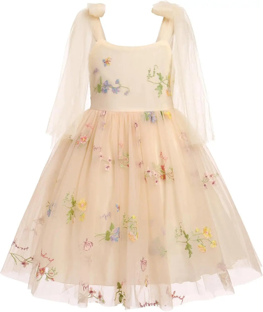 Vestido de niña de las flores sin mangas con tirantes finos y bordado floral, vestido de princesa para fiesta de cumpleaños de niña pequeña, vestido de tul de hada