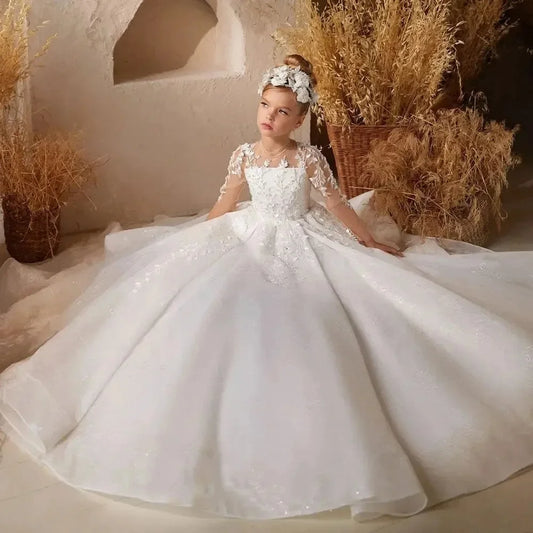 Vestido de desfile para boda, apliques de encaje, princesa, fiesta de cumpleaños, vestido de primera comunión, vestidos de niña de las flores blancos personalizados