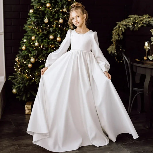 Vestidos de satén blanco con cuello de perlas y lazo, manga larga, para bodas, cumpleaños, banquetes, comunión, personalizados, para niñas de las flores.