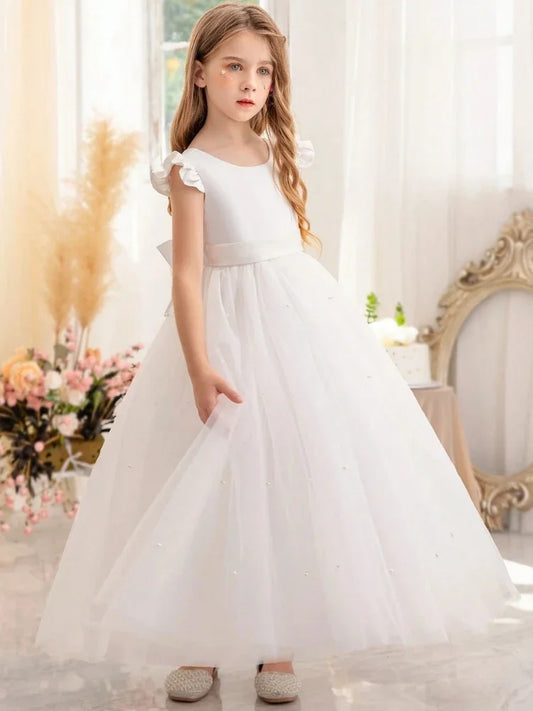 White Tulle Pearls Skirt With Bow Short Sleeve For Wedding Birthday Party First Communion Gowns Flower Girl Dress Princess Dress