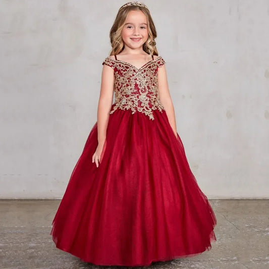 Vestidos de princesa para banquete de fiesta de cumpleaños, vestidos de niña de las flores personalizados, azul real, estampado dorado, apliques sin mangas para boda