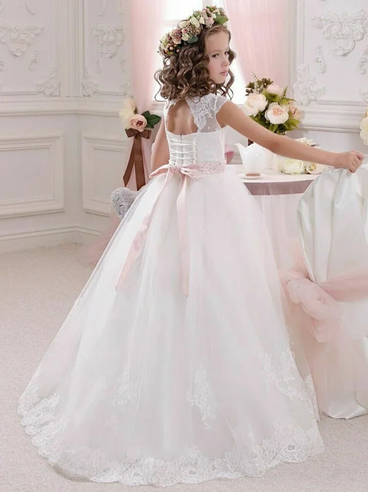 Apliques de encaje abullonado de tul blanco con cinturón rosa sin mangas para bodas, fiestas de cumpleaños, vestidos de primera comunión, vestidos de niña de las flores