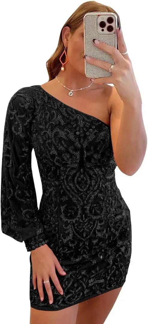 Vestidos de fiesta de encaje con lentejuelas brillantes para adolescentes, mangas abullonadas, un hombro, minivestido de cóctel para graduación, vestidos de noche