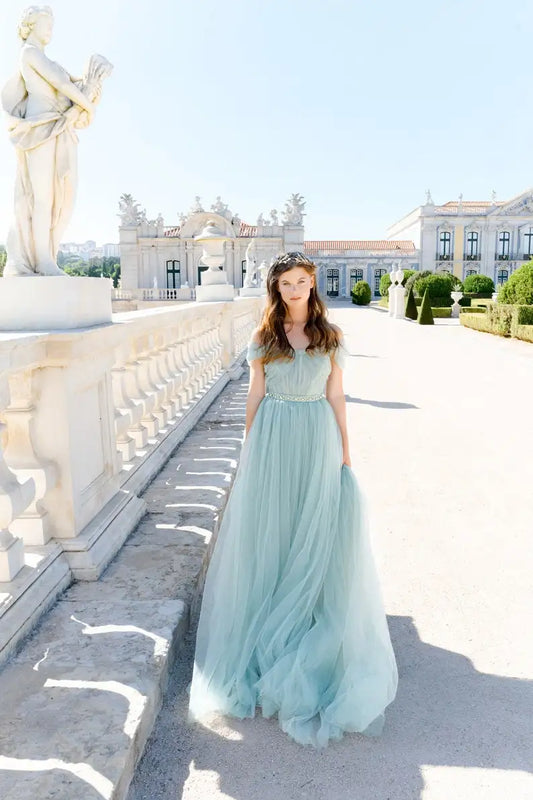 Vestido de novia con hombros descubiertos Vestido de novia color menta pastel de tul completo Vestido de noche con corsé drapeado Vestido de novia sin espalda