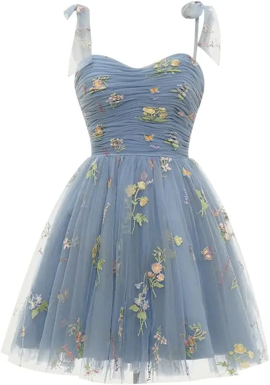 Vestidos de fiesta de tul con tirantes anudados para mujer, vestidos de novia con bordado de flores, vestidos cortos formales para fiesta, mini vestidos de bienvenida