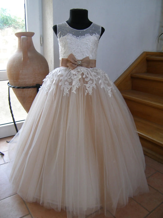 Vestidos de Primera Comunión Elegantes Vestidos de Niña de las Flores para Bodas Lazo Apliques de Encaje Vestido de Fiesta para Niña Bebé para Sesión de Fotos Princesa