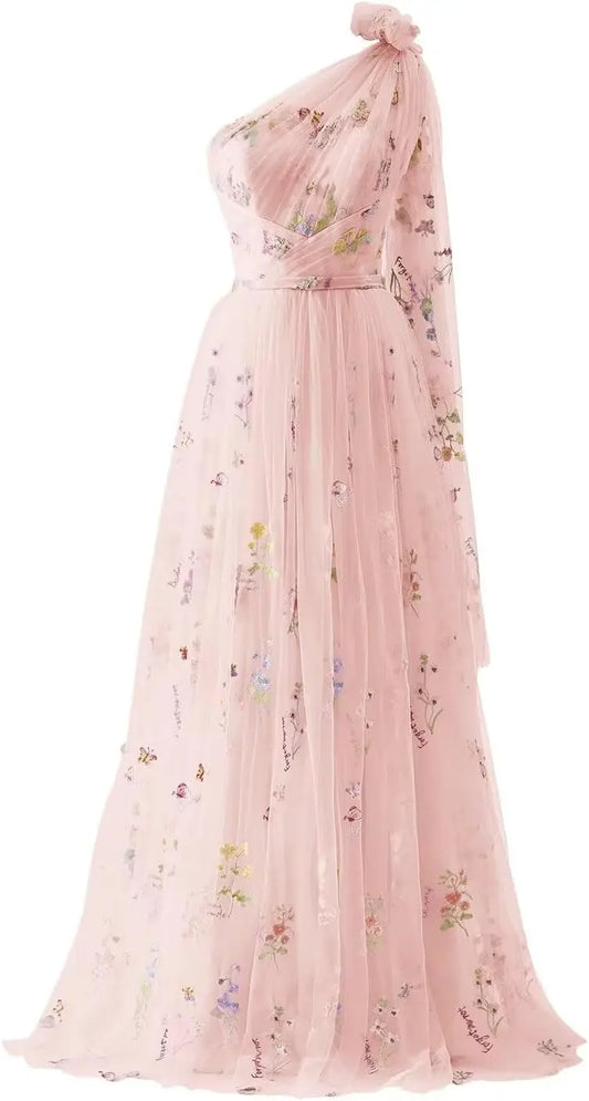 Vestidos de fiesta de tul para mujer con bordado de flores, corte A, largo hasta el suelo, vestidos formales de noche para fiesta