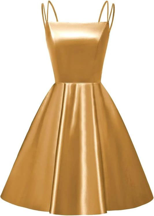 Vestidos de satén para adolescentes, vestidos de fiesta cortos, vestidos de cóctel con tirantes finos, minivestido de graduación 2025