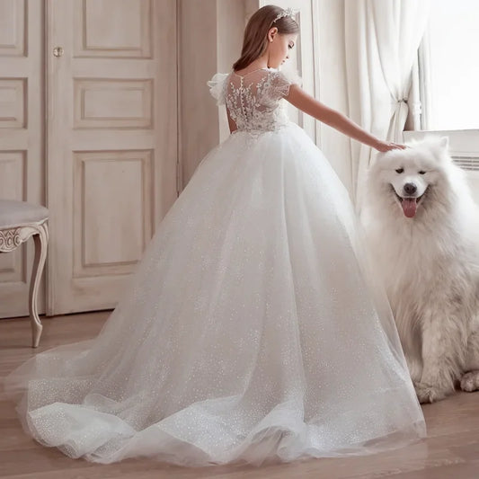 Vestidos de fiesta de cumpleaños para banquetes, vestidos de niña de las flores con apliques de tul blanco y estampado floral con mangas cortas para bodas.