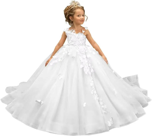 3D Butterfly Applique Dress Flower Girls Dresses Lace Tulle Pageant Dress for Girls Birthday girls dresses for party and wedding