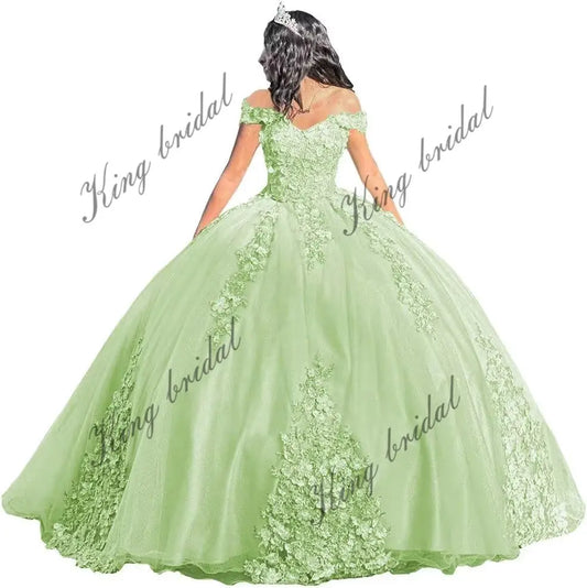Vestidos de quinceañera de lujo con hombros descubiertos, encaje floral abullonado y cuentas, vestidos de fiesta para quinceañeras de 15 y 16 años con cola.