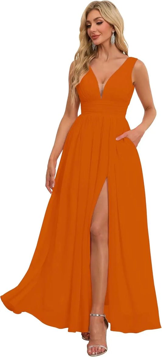 Brautjungfernkleider mit Schlitz, V-Ausschnitt, Ballkleider, A-Linie, plissiertes Hochzeitsgastkleid mit Taschen