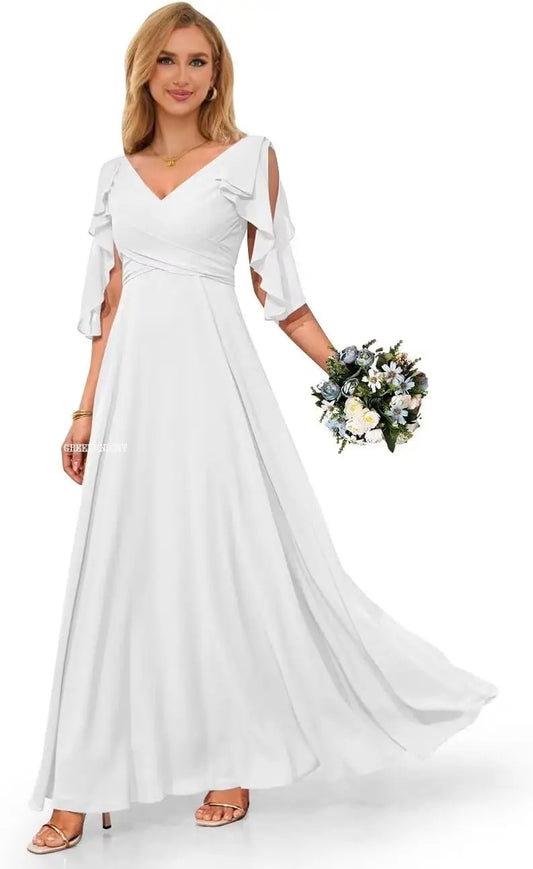 Schlichte Brautjungfernkleider für Damen mit kalten Ärmeln, V-Ausschnitt, A-Linie, plissiertes Ballkleid, formelles Abendkleid, Kleider für Hochzeitsgäste