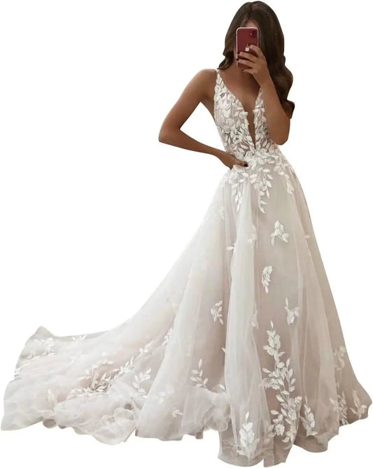 V-Neck Lace Wedding Dresses for Women with Train 2025 Plus Size Tulle Simple A-Line Bridal Dress simple wedding dress