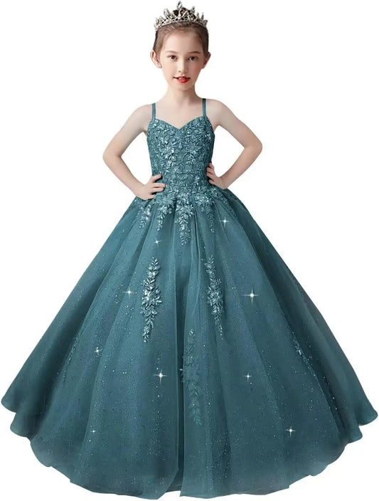 Vestidos de desfile de tul con apliques de encaje para niñas, vestido de baile para niñas de flores, vestido de princesa para niñas pequeñas, vestido de fiesta para niñas, vestido de baile