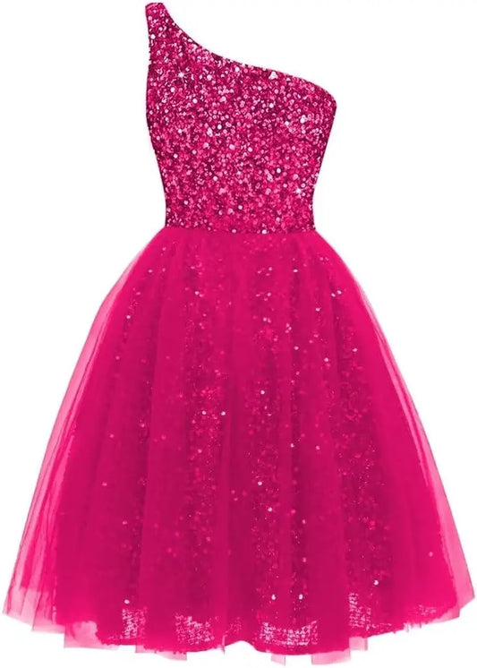 Vestidos de fiesta cortos de tul con lentejuelas y un solo hombro para mujer, corte A, estilo princesa, para cóctel formal