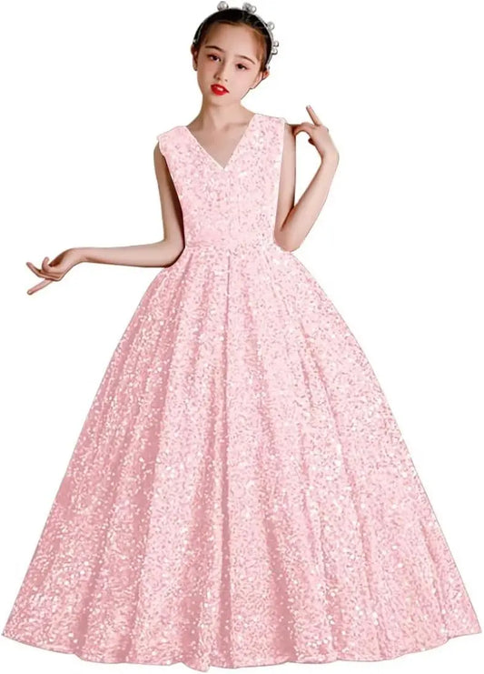 Vestidos de desfile con lentejuelas y cuello en V para niñas, vestidos de baile brillantes para niñas de las flores, vestidos de princesa para niñas pequeñas, vestido de comunión