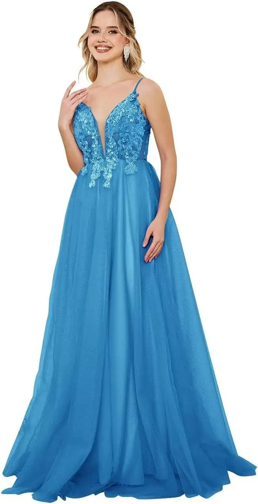 Vestidos de fiesta de tul con escote en V profundo para mujer, tirantes finos, apliques de encaje, vestidos de noche largos de corte A