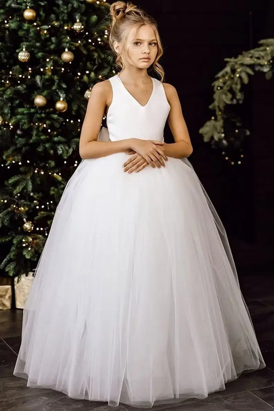 Vestido de niña de las flores con tirantes cruzados, vestido largo de satén para fiesta con lazo, vestido de tul abullonado para desfile de niñas, vestido de princesa