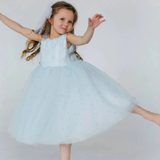 Light Blue Tulle With Pearls Sleeveless For Wedding Birthday Party Occasion Holy Communion Gowns Flower Girl Dresses