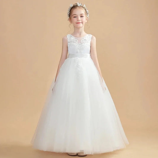 Vestidos de flores abullonados con lazo grande sin mangas para bodas, fiestas de cumpleaños, primera comunión, vestidos de niña de las flores de tul blanco