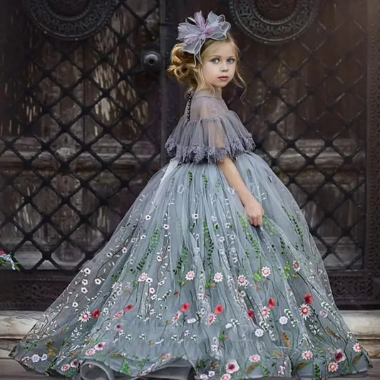 Flower Lace Appliques Girl Birthday Ball Gown First Holy Communion Gown Customized Lovely Flower Girl Dresses for Wedding