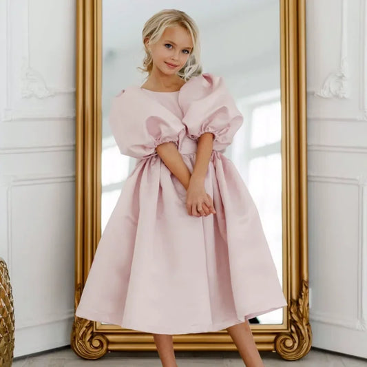 Vestido de princesa para desfile de cumpleaños, banquete, vestido de princesa para niña de las flores, vestido de satén rosa claro con lazo, manga corta para boda