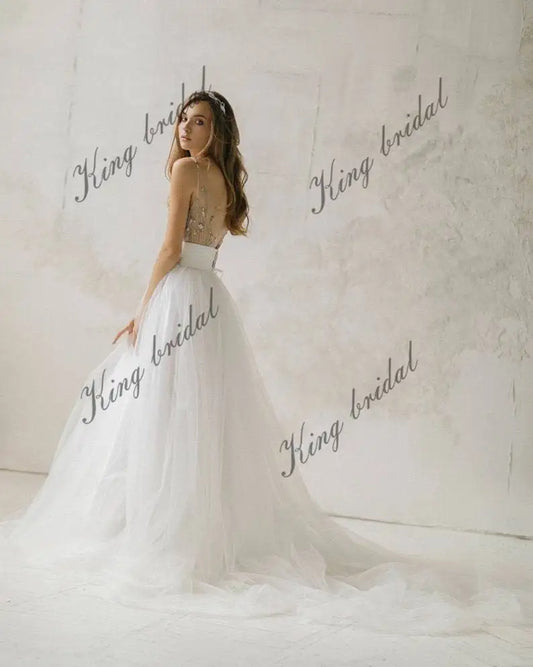 Vestido de novia de tul bordado, vestido de novia bohemio, vestido de novia de dos piezas, vestido de novia sencillo