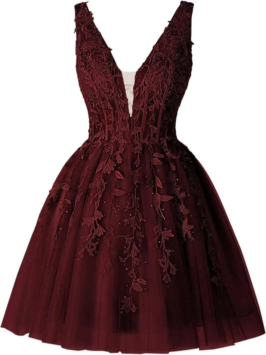 Vestidos cortos de fiesta con escote en V para adolescentes, de tul y encaje, para cóctel o fiesta.