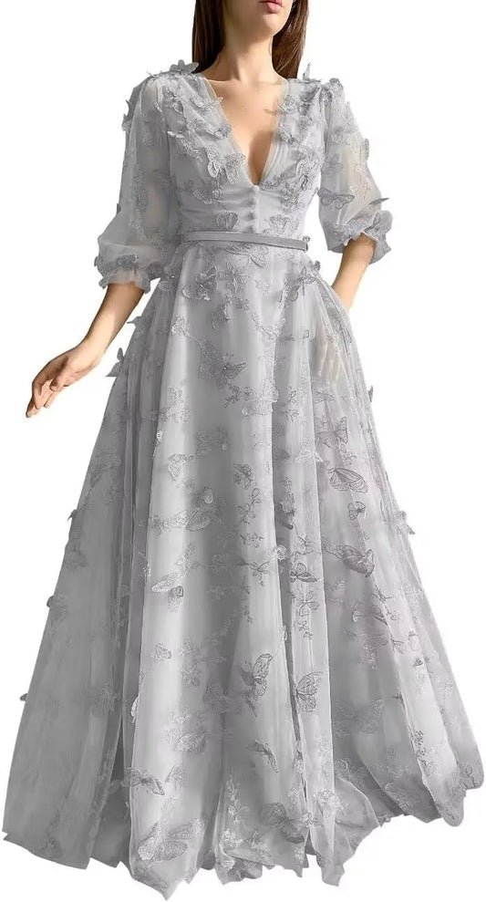 Vestidos de fiesta con mangas abullonadas para mujer, vestido de fiesta formal de noche con escote en V largo de tul y mariposa 3D.