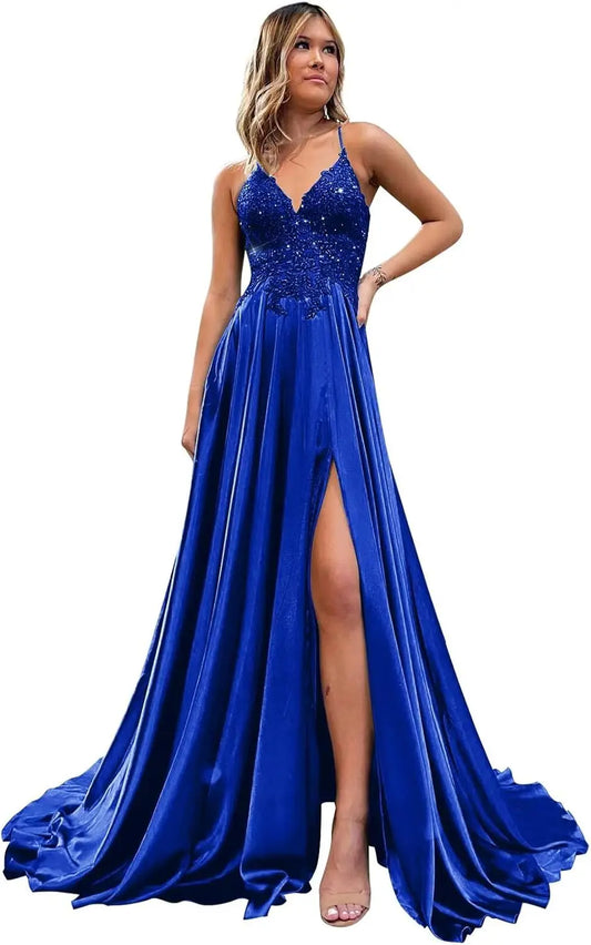 Vestidos de fiesta con apliques de lentejuelas y tirantes finos con abertura en forma de A, largos, de satén, brillantes, formales, para noche y fiesta.