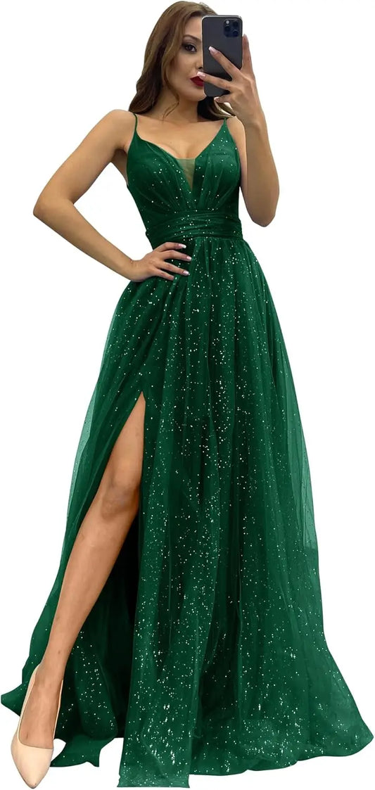 2025 Sparkly Tulle Formal Prom Dress Pleated A-Line Ball Gown with Spaghetti Straps Slit for Women Evening Dresses