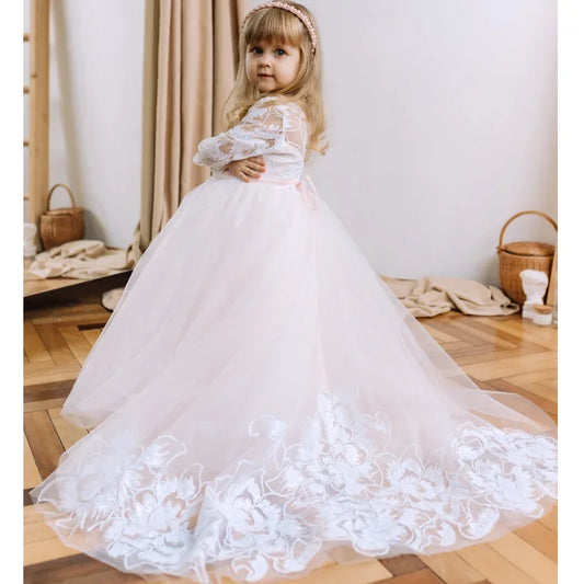 Vestidos de princesa para niña de las flores, con apliques de tul blanco y cinta rosa, manga larga para bodas, fiestas, cumpleaños y comuniones.