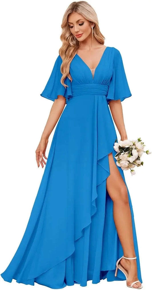 Women's Short Sleeve Bridesmaid Dresses Long Ruffle Chiffon Evening Formal Gown with Slit Wedding Party Gowns Deep V Neck Gown