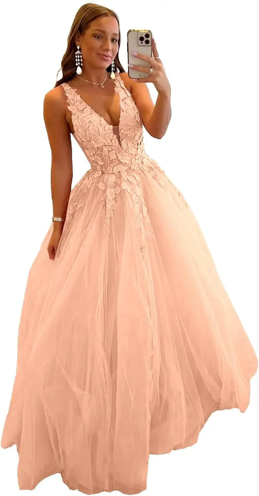 Vestidos de fiesta de tul para mujer, con escote en V y apliques, para adolescentes, vestidos de noche formales largos con flores 3D.