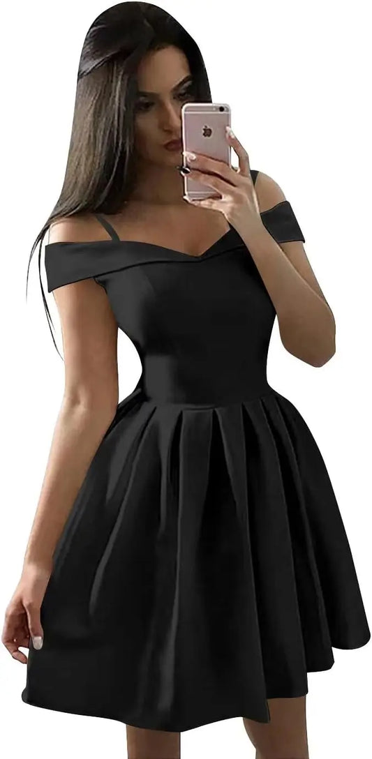 Vestidos cortos con hombros descubiertos para adolescentes (2025), vestido de fiesta con tirantes finos y bolsillos, vestido de dama de honor para fiesta de bodas.