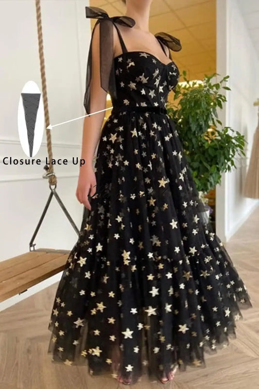 Maßgeschneiderte elegante funkelnde Starry Tüll Prom Club Kleider für Frauen Tee Länge Glitter Star A Linie Formale Abend Party Kleid