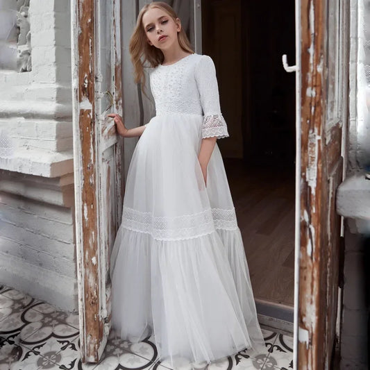 Apliques de encaje de tul blanco de media manga para bodas, fiestas de cumpleaños, banquetes, vestidos de princesa, vestidos bohemios personalizados para niñas de las flores