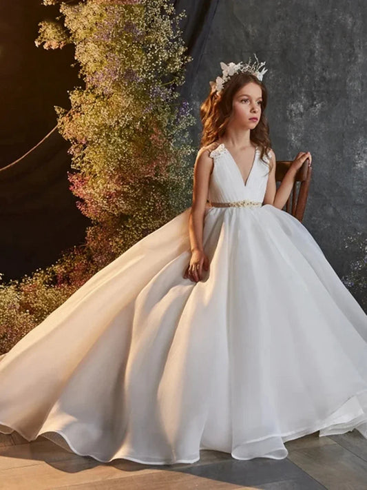 Para bodas, sin mangas, largo hasta el suelo, primera comunión, cumpleaños infantil, fiesta de graduación, vestido blanco con cuello en V, vestidos sencillos para niñas de las flores.