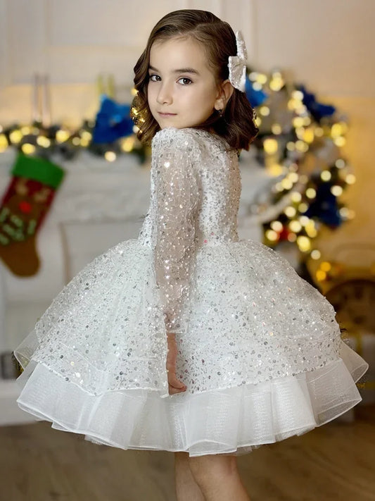Vestidos de princesa de tul blanco con lentejuelas escalonadas y mangas largas para bodas, fiestas de cumpleaños, banquetes, vestidos de niña de las flores personalizados