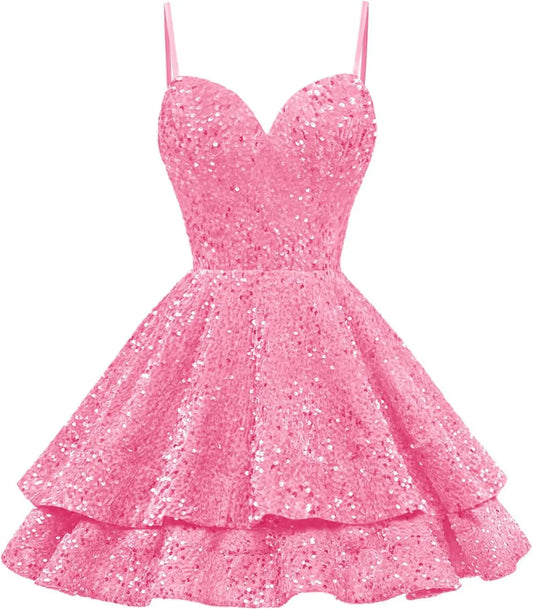 Vestidos de fiesta cortos con lentejuelas y capas para adolescentes 2025, tirantes finos, corte A, minivestido de fiesta