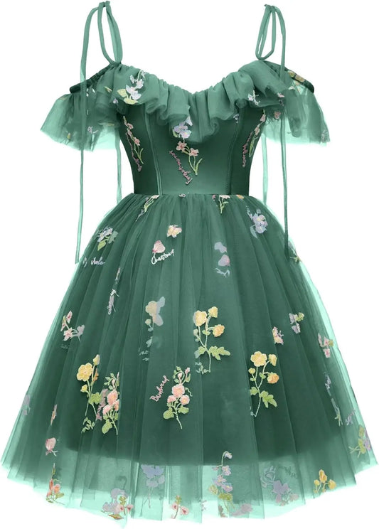 Vestidos cortos de fiesta para adolescentes con bordado de flores, tul, tirantes finos, largo hasta la rodilla, con margaritas y estampado floral.