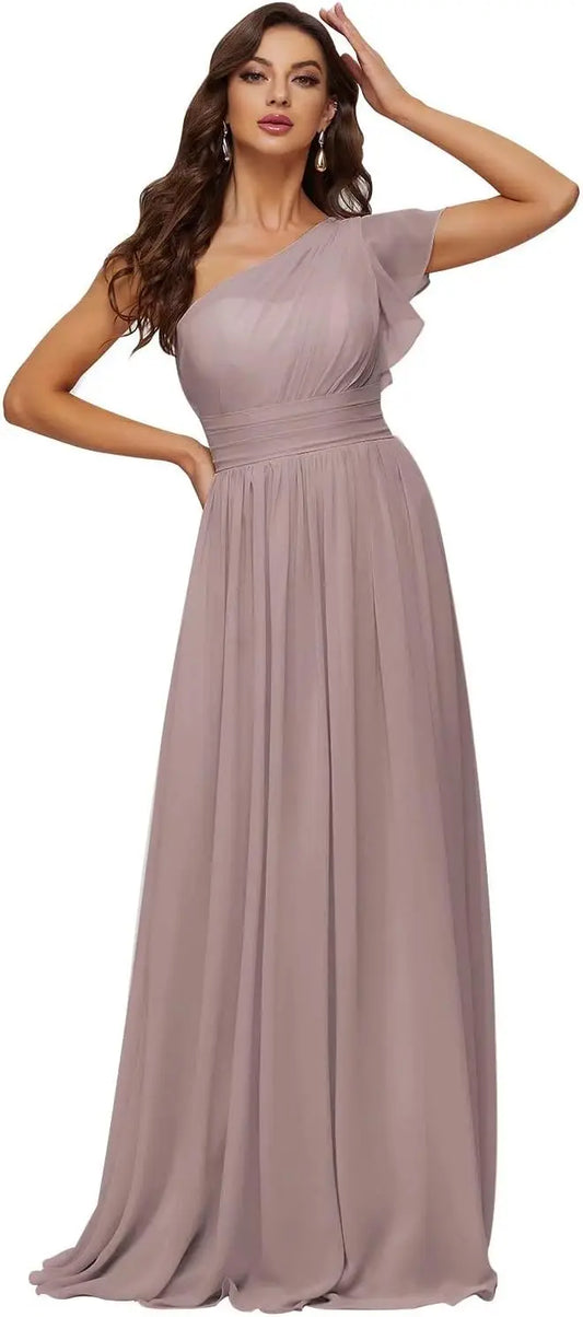 Women's Long Chiffon Bridesmaid Dresses One Shoulder Formal Evening Party Gowns with Pleated