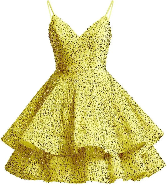 Glitzernde Pailletten-Heimkehrkleider für Teenager 2025, kurzer V-Ausschnitt, A-Linie, gestuftes Mini-Abschlussball-Cocktailkleid über dem Knie, Clubkleid