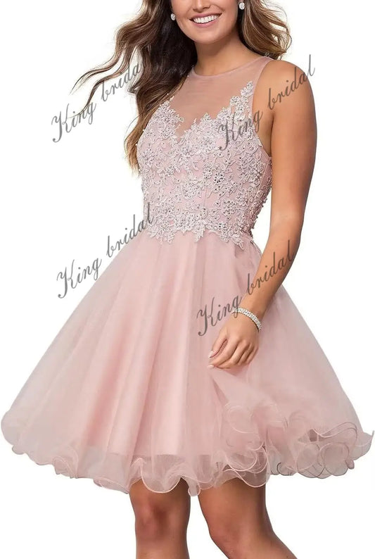 Maßgeschneidertes kurzes Tüll-Abschlussballkleid für Teenager, Heimkehrkleider, Spitzenapplikationen, Perlenstickerei, Hochzeitsfeier, Cocktailkleider, Clubwear